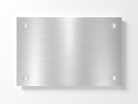 Blank metal nameplate isolated on white wall. Signage plate. Empty. Stainless steel. 3d illustration.