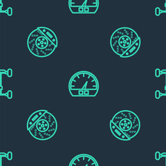 Set line Speedometer, Car brake disk with caliper and Chassis car on seamless pattern. Vector