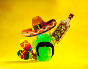 abstract background with mexican elements of sombrero, tequila, maracas, cactus and a glass mug in...