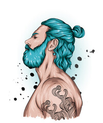 Handsome hipster guy with stylish hairstyle. Vector illustration. Fashion and style, clothing and accessories.