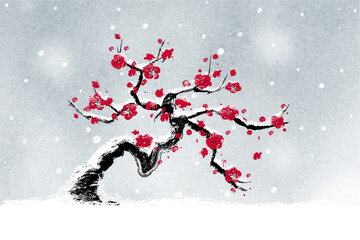 Obraz na płótnie Canvas 雪の梅の墨絵　ベクターイラスト