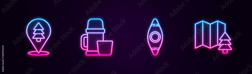 Sticker Set line Location of the forest, Thermos container and cup, Kayak canoe and . Glowing neon icon. Vector