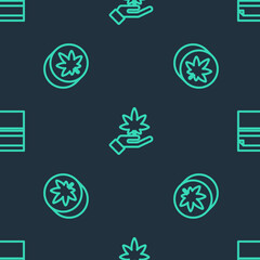 Set line Marijuana or cannabis leaf, Herbal ecstasy tablets and Rolling paper on seamless pattern. Vector