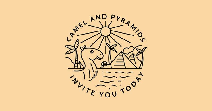 Travel to Egypt concept. Monoline vector animation with pyramids, camel and palms. Sandy yellow background.