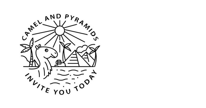 Travel to Egypt concept. Monoline vector animation with pyramids, camel and palms. White background.