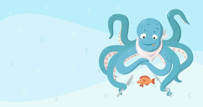 Cute blue octopus is going to eat fish. Meal concept. Animation of breakfast, lunch or dinner.