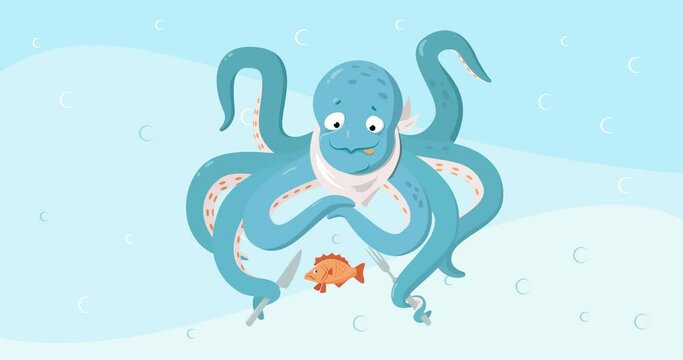 Cute blue octopus is going to eat fish. Meal concept. Animation of breakfast, lunch or dinner.