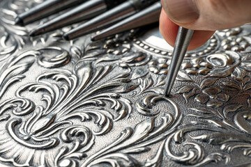 CLOSEUP OF CRAFTSMAN'S HAND EMBOSSING METAL WITH PUNCH. GOLDSMITH, SILVERSMITH, JEWELLERY AND...