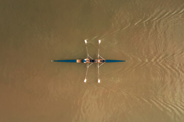 Hungary - rowing on the Danube river from drone shot