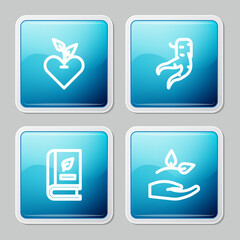 Set line Heart, Ginger root, Medical book and Leaf hand icon. Vector