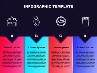 Set line Seafood store, Mussel, Served fish on plate and Fishing bucket with fishes. Business infographic template. Vector