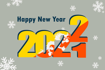 New Year's card 2022. Pictured: an element of the flag of Bhutan, a festive inscription and snowflakes. It can be used as an advertising poster, postcard, flyer, invitation or website.