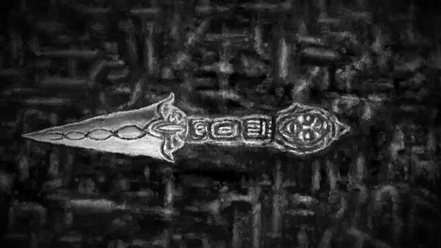 Horror 2D animation collection. Ritual dagger Phurba, wind horse, Tibetan masks, dark mountain where gods live. For titles, intros, motion graphics, movies and video clips. Black and white background.
