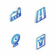 Set Isometric line Airport runway, Conveyor belt with suitcase, Clock and Passport icon. Vector