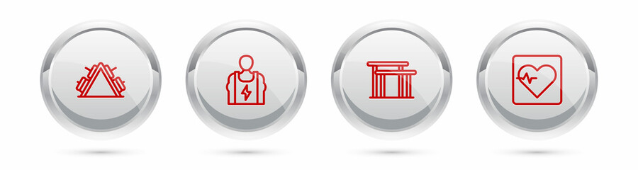 Set line Metal rack with weight, Bodybuilder, Uneven bars and Heart rate. Silver circle button. Vector