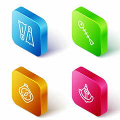 Set Isometric line Flippers for swimming, Dead fish, Compass and Anchor icon. Vector