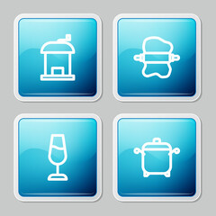 Set line Manual coffee grinder, Rolling pin on dough, Wine glass and Cooking pot icon. Vector