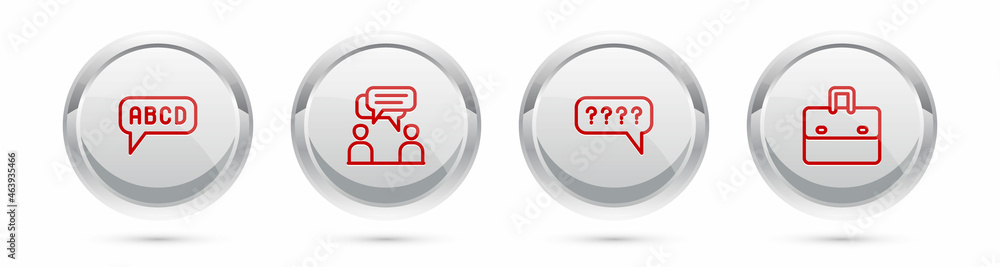 Poster set line alphabet, two sitting men talking, speech bubbles with question and briefcase. silver circl