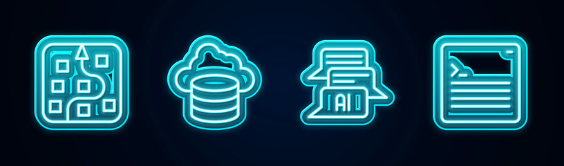 Set line Neural network, Cloud database, Chat bot and Web developer programming code. Glowing neon icon. Vector