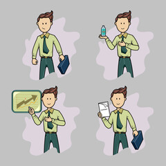 Set of businessman character illustration
businessman standing with confidence. introduce the product. explain the presentation. managed to get a cooperation contract. Set of businessman character ill