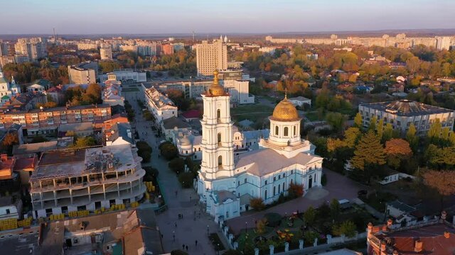 Aerial view to Saviour-Transfiguration cathedral in Sumy
