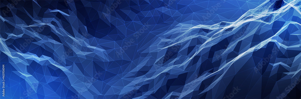 Poster abstract blue background. dark low poly triangle pattern. virtual computer landscape. technology sty