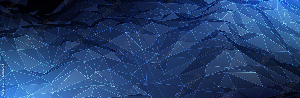 Poster abstract blue background. dark low poly triangle pattern. virtual computer landscape. technology sty