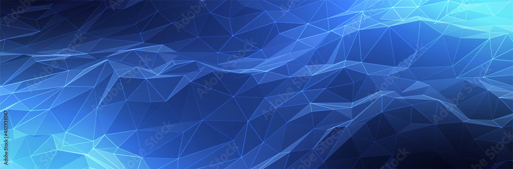 Poster abstract blue background. dark low poly triangle pattern. virtual computer landscape. technology sty