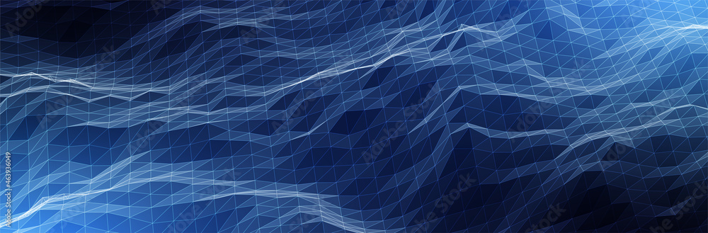 Poster abstract blue background. dark low poly triangle pattern. virtual computer landscape. technology sty
