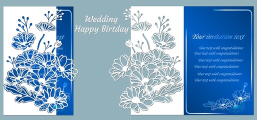Vector illustration Postcard. Invitation and greeting card. Pattern for the laser cut. flower white. flower, leaf, chrysanthemum