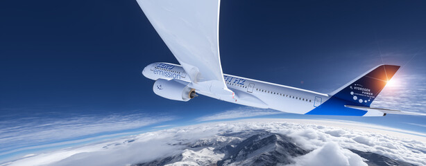 Blue Hydrogen filled H2 commercial Aeroplane flying in the sky - future H2 energy concept.