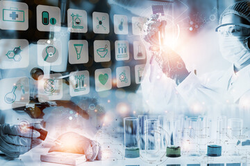 Double exposure microscope Young woman scientific using equipment in the laboratory for...