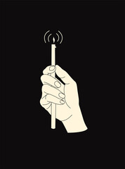 Burning candle in hand. Line drawings. Contour illustrations. Bohemian prints. Vector illustration.