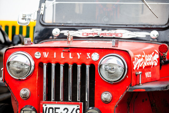 SALENTO, COLOMBIA - JULY 2021. Traditional Jeep Willys in the beautiful small town of Salento located at the region of Quindio in Colombia