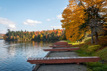 Docks on a lake highlighted by fall foliage. - 463937204