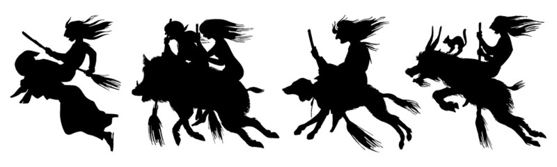 Witch flies with a broom and a dog, a goat and a boar. Ancient mythical Magic silhouette. Engraved monochrome sketch. Hand drawn vintage old Fortune illustration.