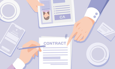 Contract illustration. Process of signing the job contract, employees hand with pen, employers hand holding CV and pointing hand over the contract. Concept of e-signature. Vector illustration