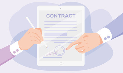 Contract illustration. Process of signing the contract, hand with pen and pointing hand over contract. Concept of e-signature. Vector illustration