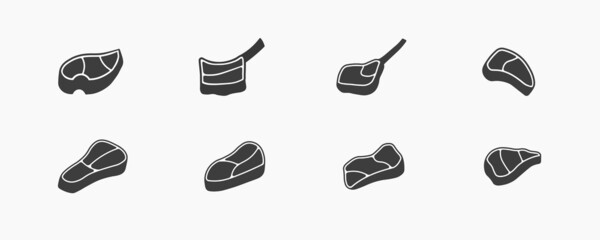 Set of steak icons. Porterhouse, ribeye, tomahawk, strip, sirloin steaks isolated on white background. Steakhouse-related icons. Vector illustration