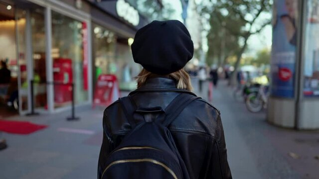 Young unrecognizable woman walks along busy city street with backpack on shoulders. Female student returns after classes from university. Lady tourist walking alone in Europe.