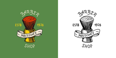  Brush for shaving. Barber shop badge and label, logo and hipster emblems. Haircut of beard and mustache. Tools for man icon. Engraved hand drawn in old vintage sketch.