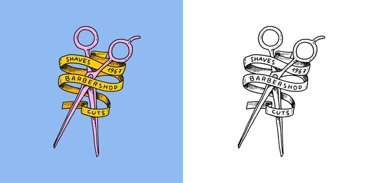 Scissors and ribbon. Barber shop badge and label, logo and hipster emblems. Haircut of beard and mustache. Shears or snip. Tools for man icon. Engraved hand drawn in old vintage sketch.