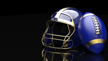 American football Gold-Blue helmet and Gold-Red Ball under black laser lighting. 3D illustration. 3D CG. 3D high quality rendering.