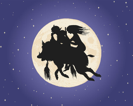 Witch flying over the moon in the night sky. Sorceress and a boar with a broomstick in vintage style. Mythical Magic Fortune silhouette. Halloween concept. Vector illustration.