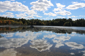 freshwater pond blue sky clouds reflection