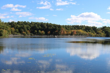 freshwater pond blue sky clouds reflection