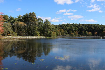 Fototapeta na wymiar freshwater pond blue sky clouds reflection