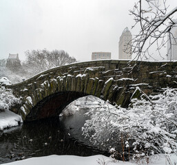 Gapstow Bridge in Central Park, snow storm