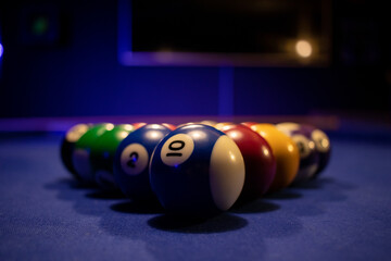 billiard balls arranged on the blue table for the start of the game, approximate photo