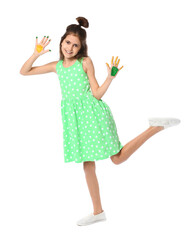 Funny little girl with hands in paint on white background